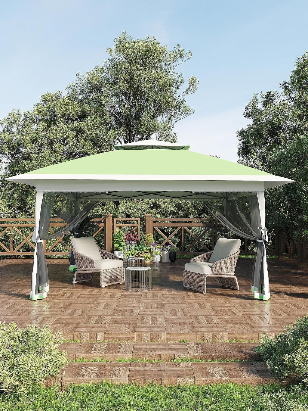 Garvee 13x13 ft Pop Up Gazebo, Canopy Tent with Mosquito Netting, Outdoor Gazebos for Backyard & Patio Furniture - Pop Up Canpy with Wheeled STO-N-Go Cover Bag (Olive Green+Hemp Grey)