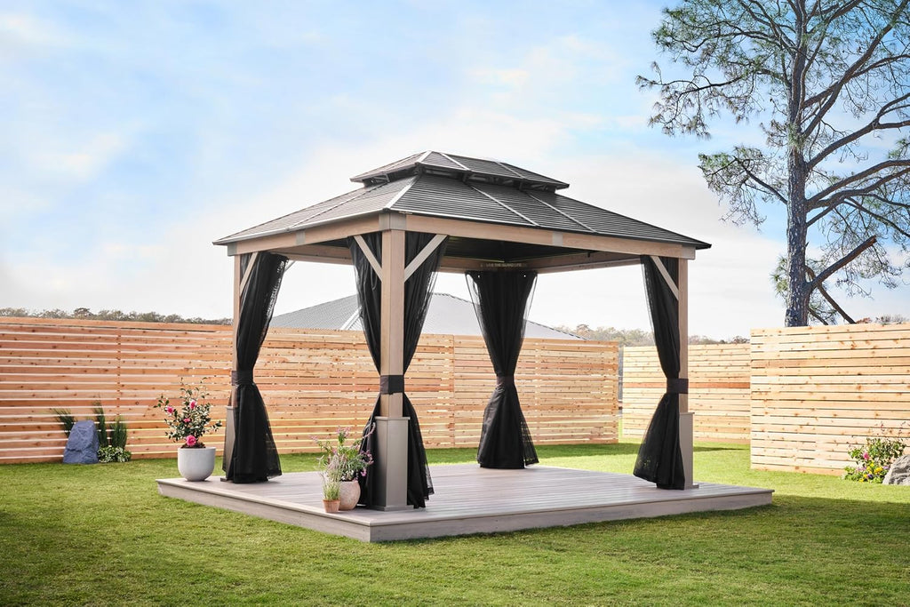 Tommy Bahama Edition Cove 10' x 12' Outdoor Hardtop Gazebo Pavilion for Backyard or Patio, Heavy-Duty Galvanized Steel Double Roof Gazebo, Wood Grain Finish