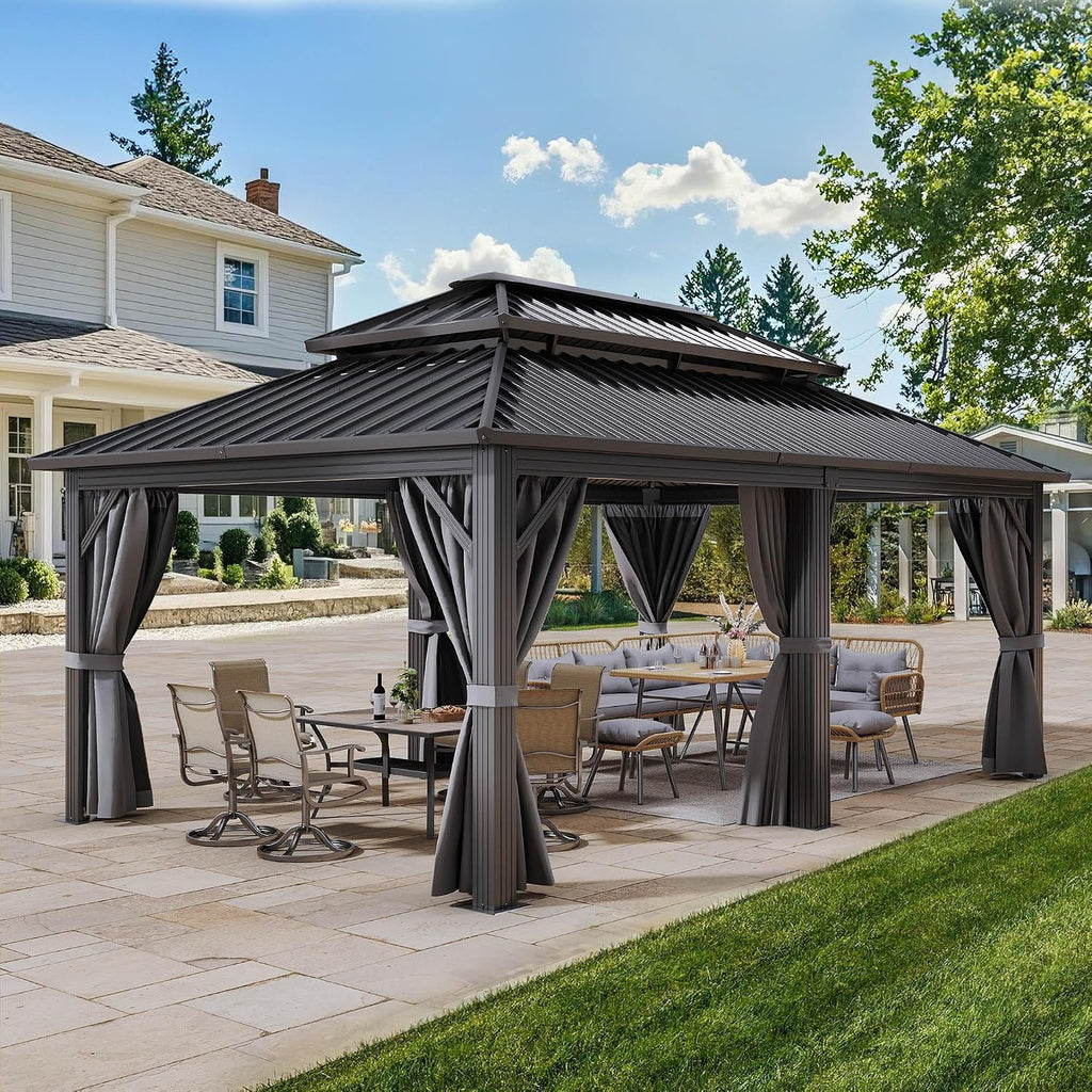 YITAHOME 12X18FT Metal Hardtop Gazebo Double Roof Canopy Galvanized Iron Aluminum Garden Gazebo Curtains Netting for Patios Backyards Decks Lawns