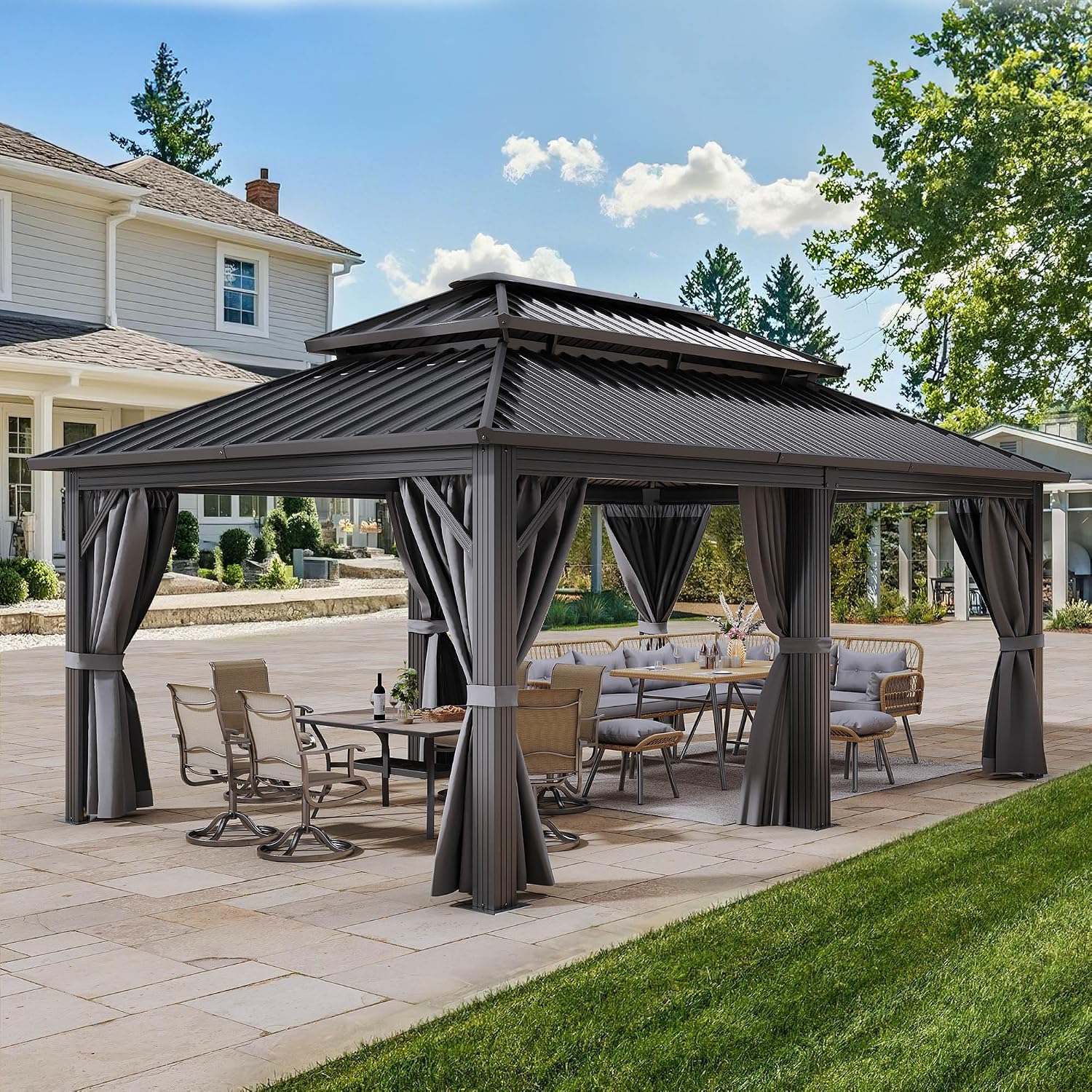YITAHOME 12X18FT Metal Hardtop Gazebo Double Roof Canopy Galvanized Iron Aluminum Garden Gazebo Curtains Netting for Patios Backyards Decks Lawns