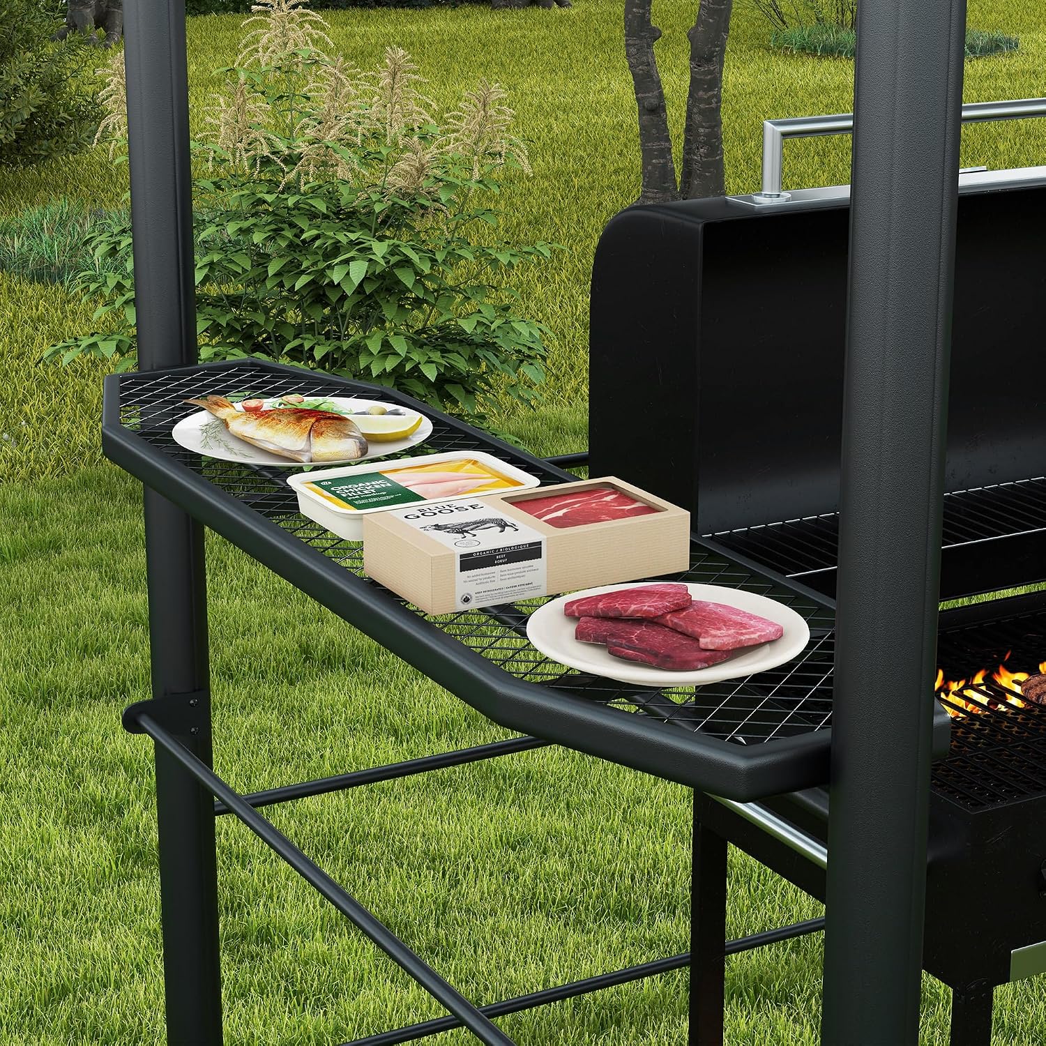 Outsunny 8' x 5' Grill Gazebo Shelter with Interlaced Vented Polycarbonate Roof, Outdoor BBQ Canopy with Side Shelves, Steel Frame for Garden, Patio, Backyard, Dark Gray