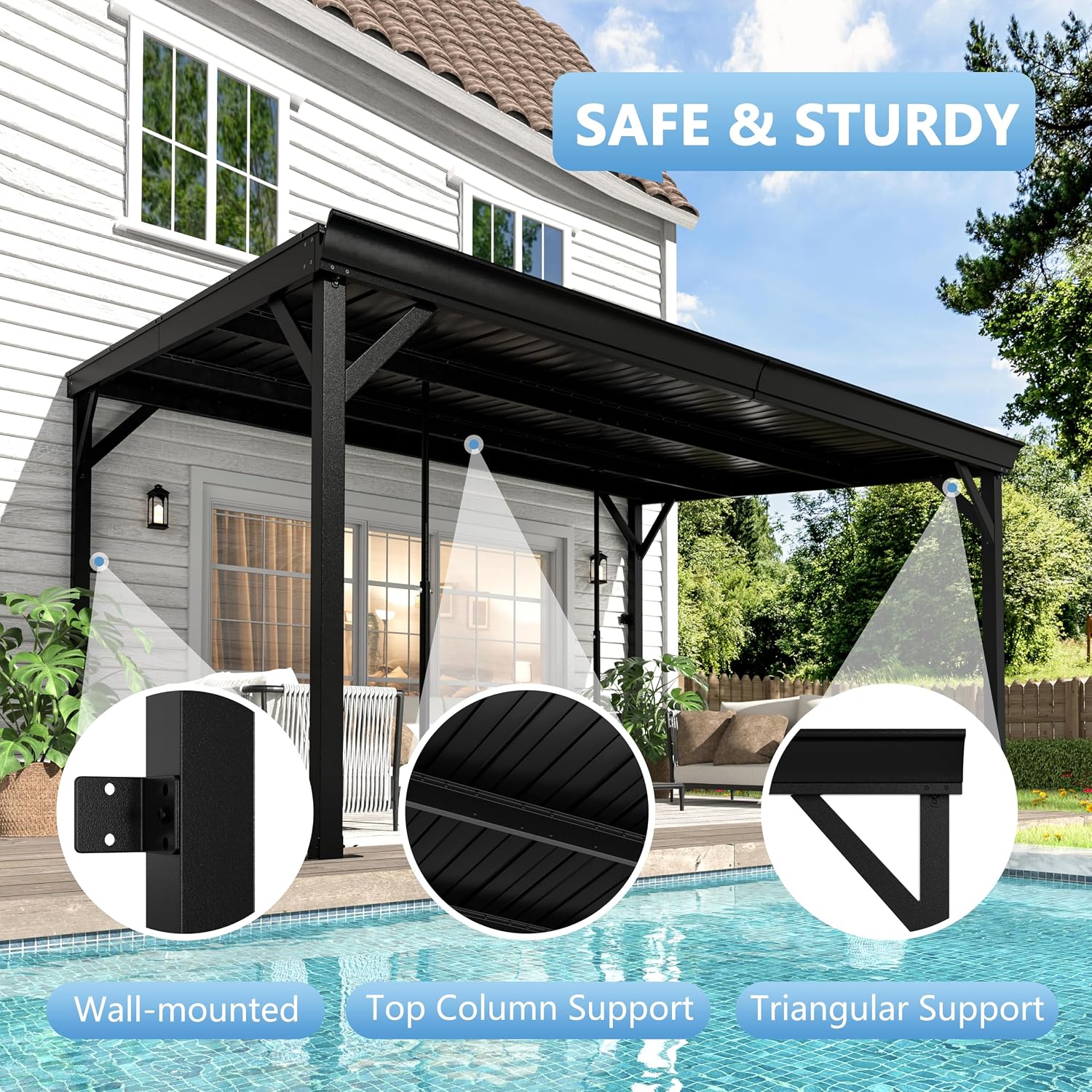 MUPATER 10'x 14' Wall-Mounted Gazebo, Outdoor Pergola Gazebo with Gutter, Lean to Gazebo with Adjustable Support Posts, Heavy Duty Awnings for Patio, Deck, Porch and Backyard