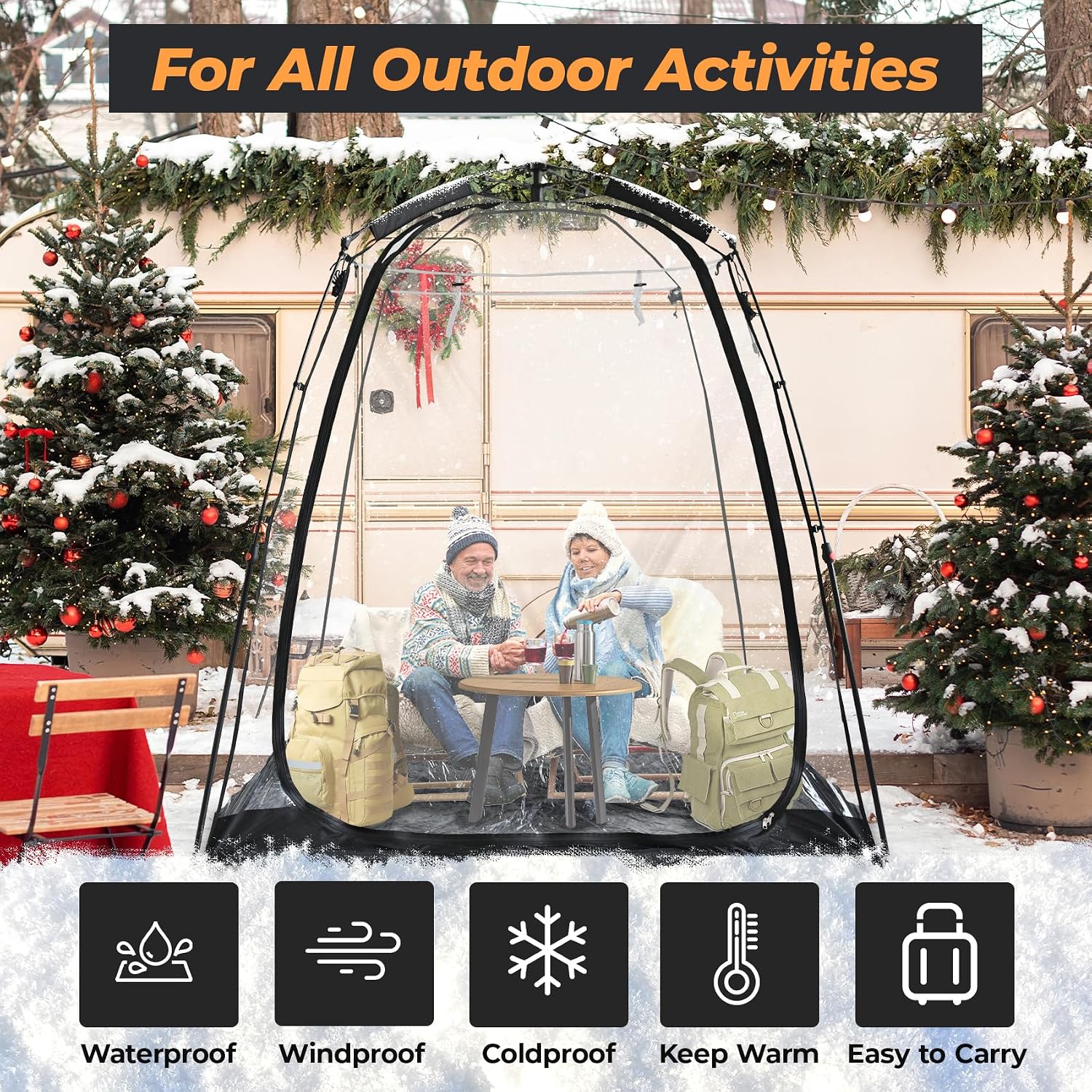 All Weather Proof Pod Pop Up Bubble Tent for 3-8 People, Large Oversize Dome House, Cold Protection Camping Tent, Winter Instant Igloo for Outdoor Activities