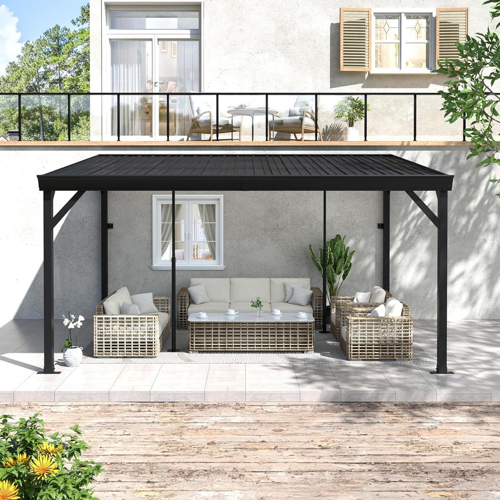 MUPATER 10'x 14' Wall-Mounted Gazebo, Outdoor Pergola Gazebo with Gutter, Lean to Gazebo with Adjustable Support Posts, Heavy Duty Awnings for Patio, Deck, Porch and Backyard