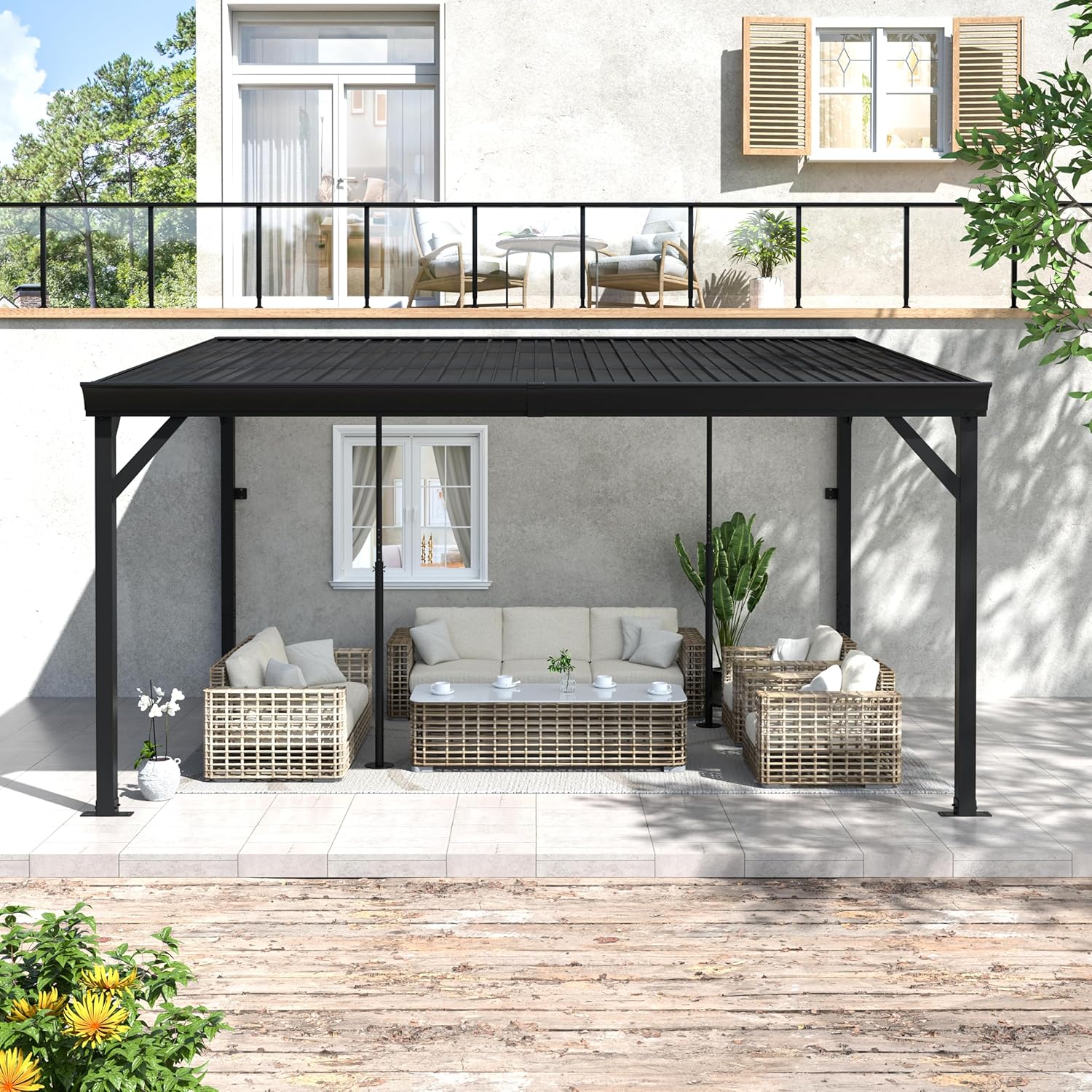 MUPATER 10'x 14' Wall-Mounted Gazebo, Outdoor Pergola Gazebo with Gutter, Lean to Gazebo with Adjustable Support Posts, Heavy Duty Awnings for Patio, Deck, Porch and Backyard