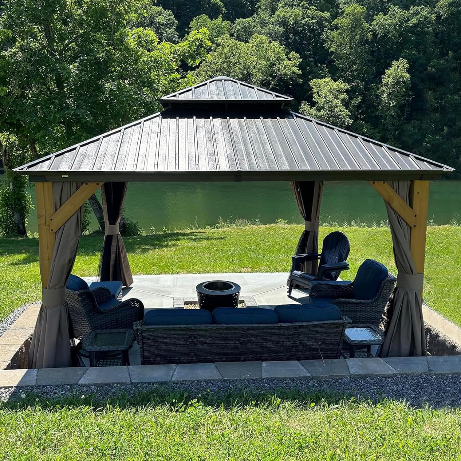 Domi Hardtop Gazebo 12'x12' Cedar Frame Wood Gazebo with Galvanized Steel Double Roof, Outdoor Permanent Metal Gazebo with Curtains and Netting for Patio,Deck,Backyard