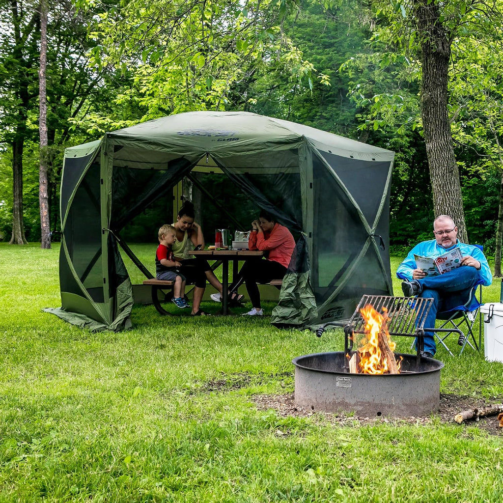 CLAM Escape 11.5' Pop-Up Screen Tent – Green Outdoor Camping Gazebo Canopy with No-See-Um Mesh, Carry Bag & Stakes – 6-Sided Portable Shelter for Camping, Picnics, & Events – Fast 45-Second Setup