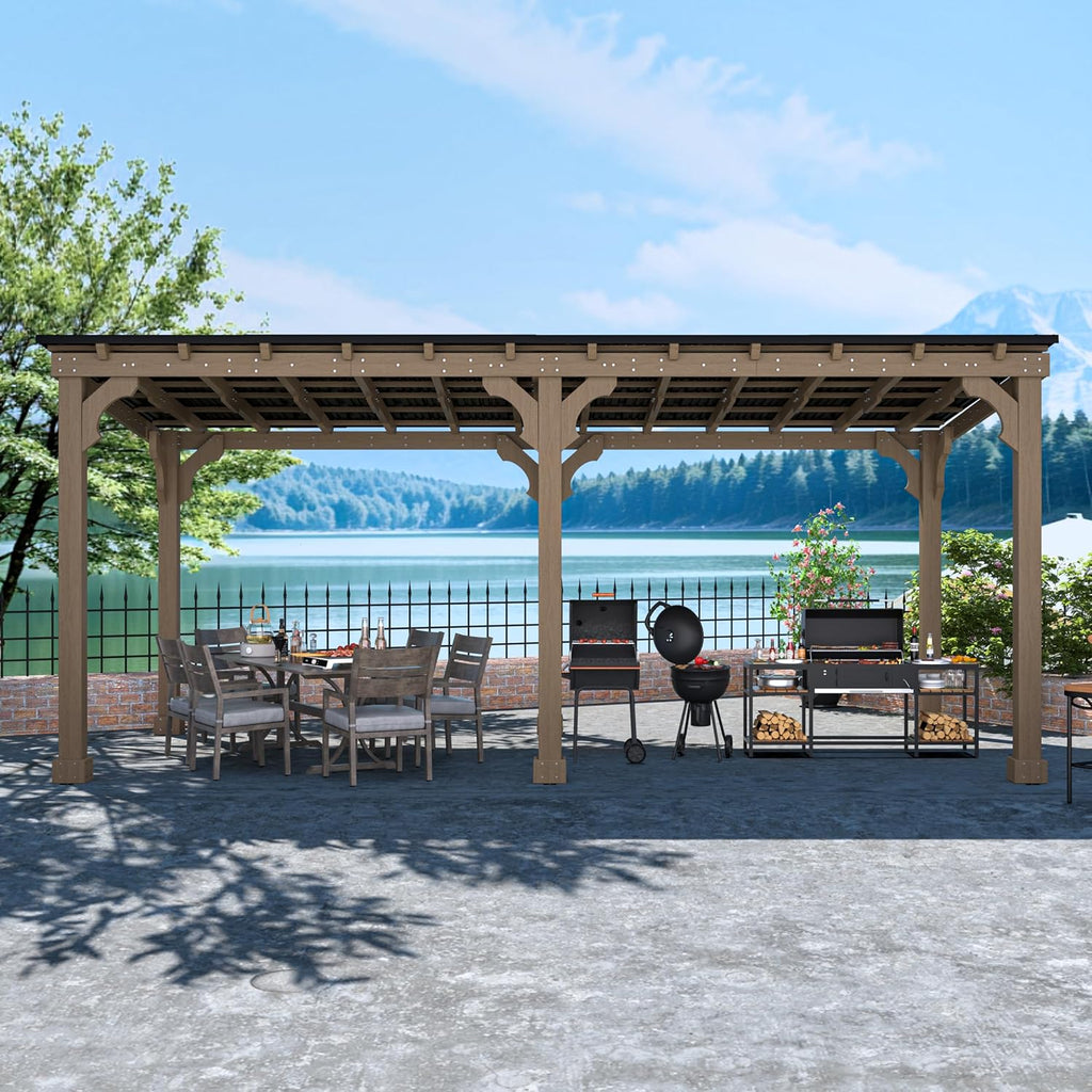 MUPATER 10x20 FT Wooden Grill Gazebo with Sloping Metal Roof, Sturdy 5.5'' Post, Wood Frame Gazebo Heavy Duty, Suitable for 2 Full-Size Grills, BBQ Canopy for Outdoor Patio, Lawn, Garden, Brown