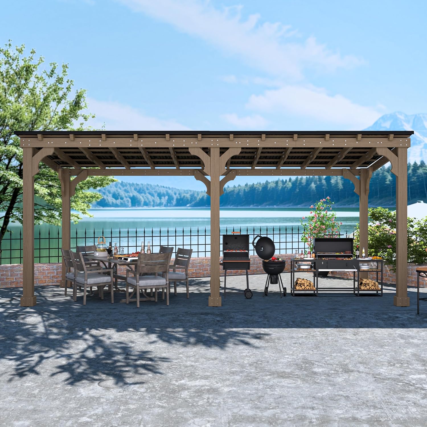 MUPATER 10x20 FT Wooden Grill Gazebo with Sloping Metal Roof, Sturdy 5.5'' Post, Wood Frame Gazebo Heavy Duty, Suitable for 2 Full-Size Grills, BBQ Canopy for Outdoor Patio, Lawn, Garden, Brown
