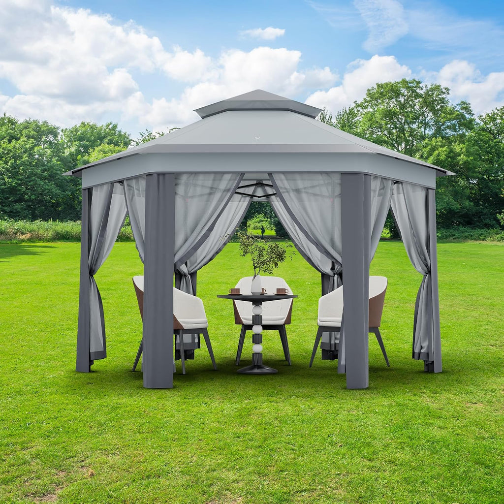 13x13ft Canopy Tent Instant Hexagonal One Push Setup Tent Outdoor Gazebo with Mosquito Netting, Strong Steel Frame for Patio, Backyard, Garden, Parties, Pool-Gray