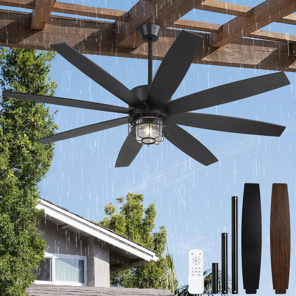 Fanbulous 65' Outdoor Ceiling Fans with Lights and Remote Control, IP65 Wet Rated Waterproof Ceiling Fan with 6-Speed DC Motor, Farmhouse Gazebo Fan for Porch Patios Pavilion（Black）