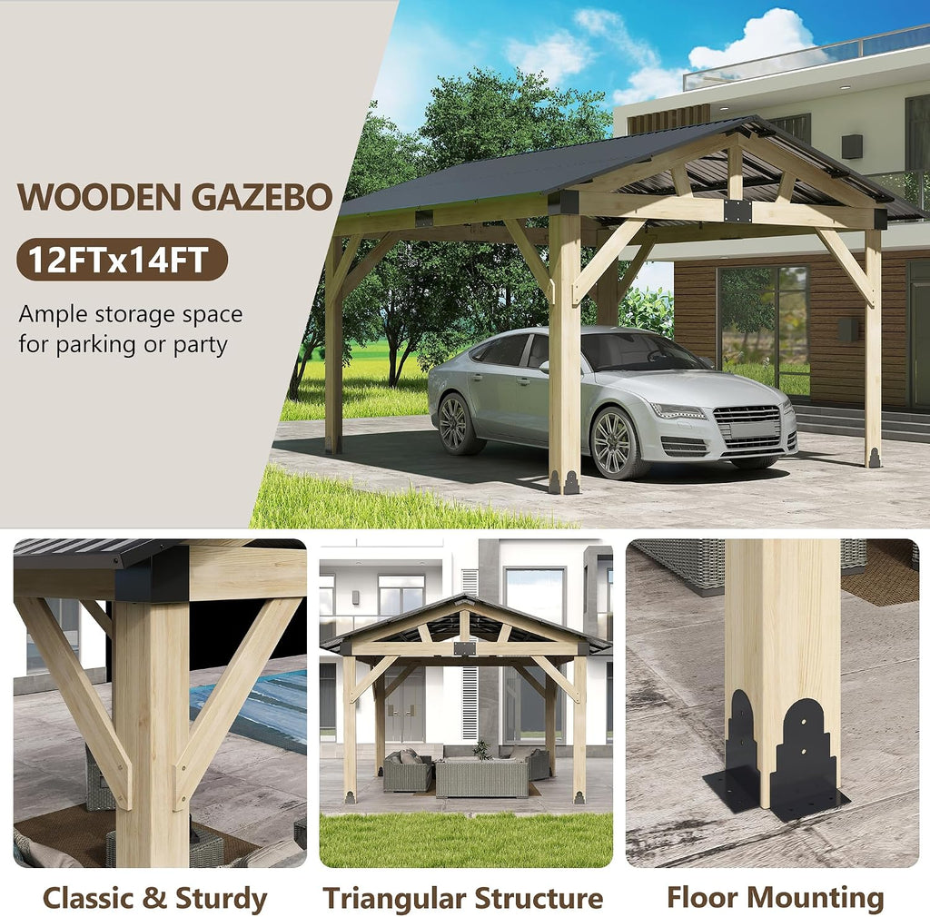 12'x14' Wood Gazebo, Outdoor Hardtop Gazebo, Cedar Frame Wooden Gazebos with Waterproof Steel Roof, Fit Patio, Backyard, Garden, Lawns, Porch