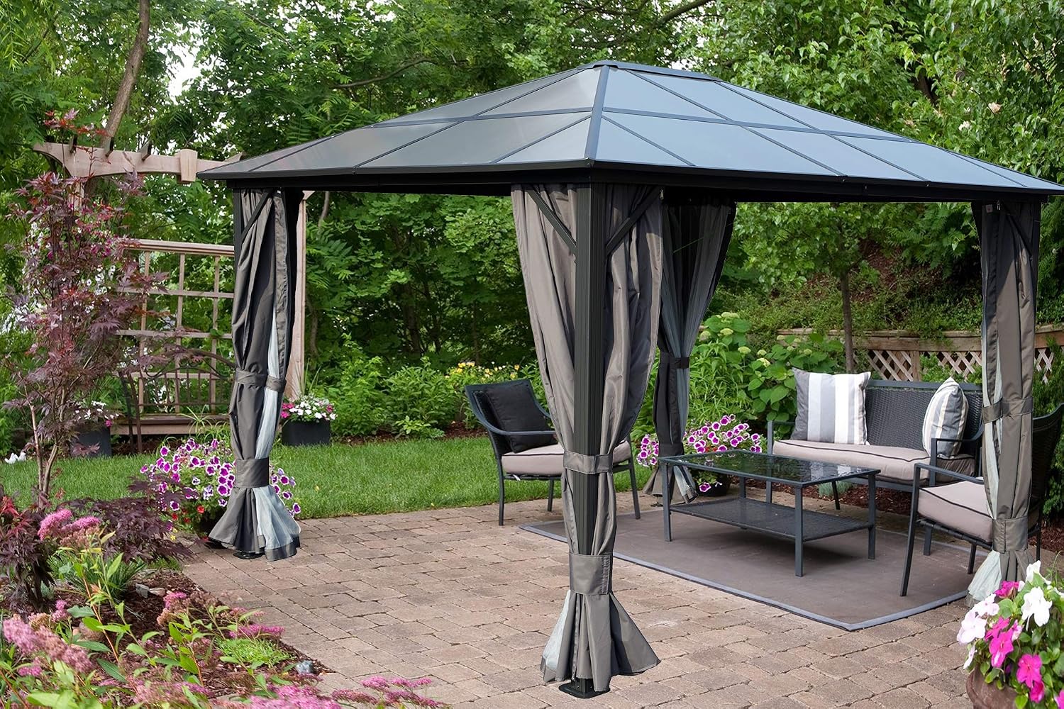 Kozyard Permanent Aluminum Hardtop Gazebo with Composite Polycarbonate Top for Outdoor Patio Lawn and Garden, Curtains and Netting Included (Edward 10ftx12ft)