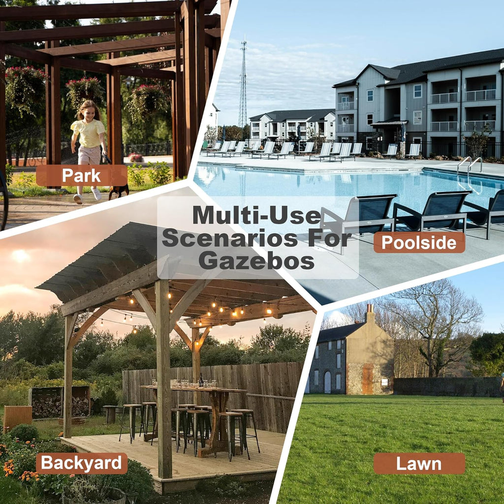 13' x 6.5' Wooden Pergola Grill Gazebo with Metal Roof, Bar Counters & String Lights - Outdoor Patio Shelter for BBQ, Backyard, Lawn & Poolside - Fir Wood & Stainless Steel Structure, Brown
