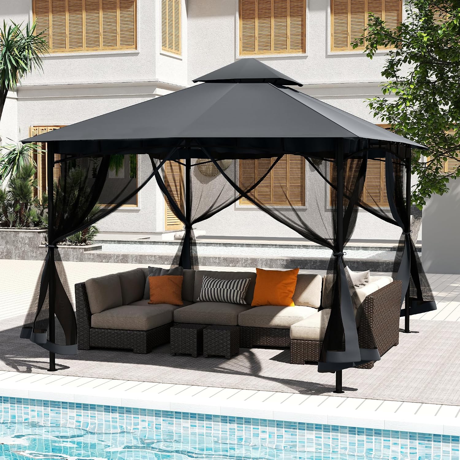 12' X 12' Patio Gazebo with Ventilation Double Roof, Outdoor Gazebo with Removable Mosquito Netting, Easy Up Metal Outdoor Canopy Shelter for Backyard, Garden, Lawn, Grey