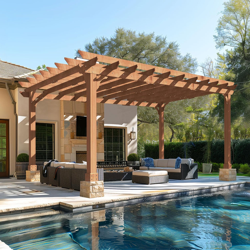 VEIKOU 12x16FT Wood Pergola, Patio Pergola with Solid Cedar Structure, Outdoor Backyard Gazebo with Unparalleled Flat Slatted Roof Trellis for Deck Grill Party Garden