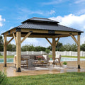 11'x13' Wood Gazebo,Outdoor Hardtop Gazebo with Galvanized Steel Doule Roof, Wooden Frame Gazebos for Patio Backyard Deck