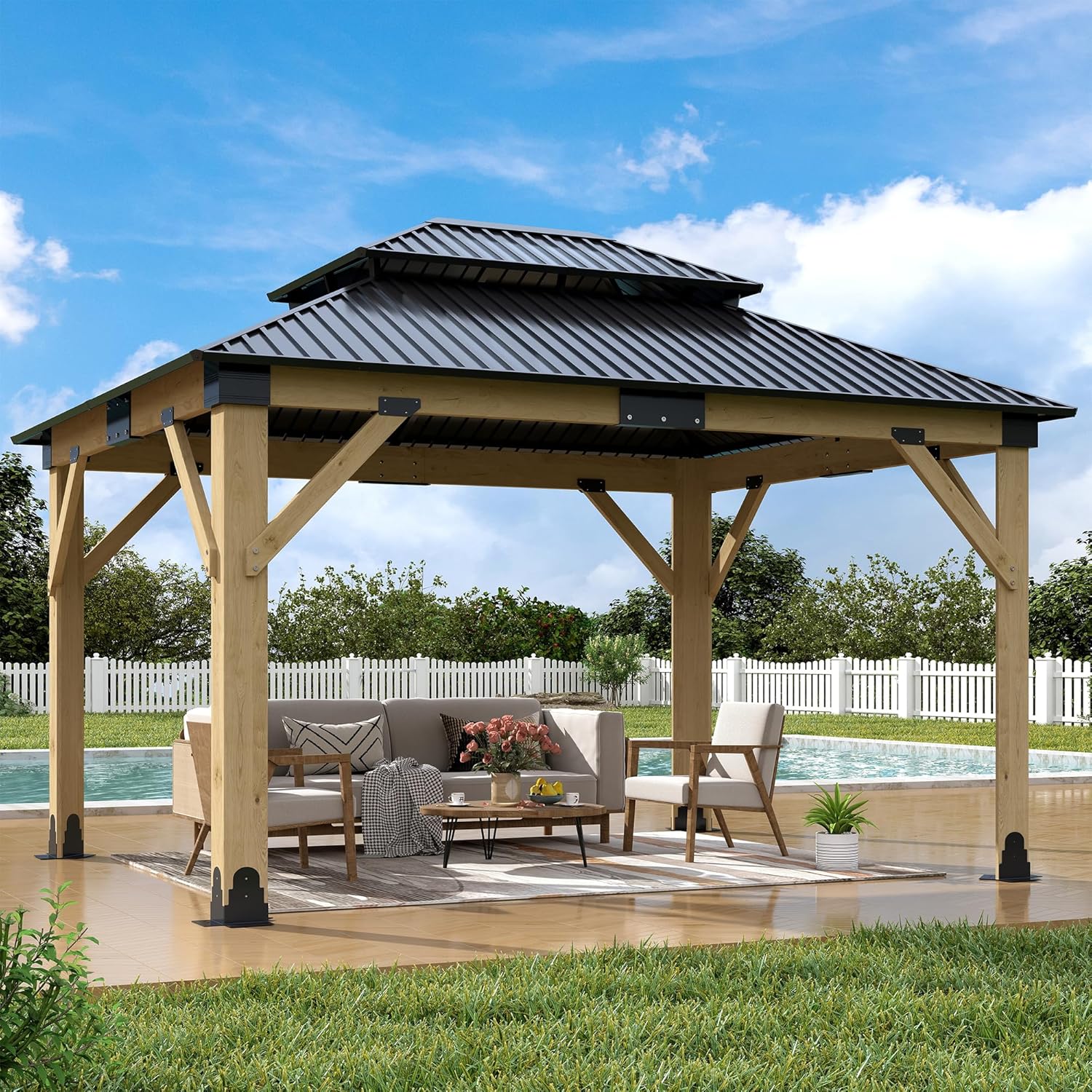 11'x13' Wood Gazebo,Outdoor Hardtop Gazebo with Galvanized Steel Doule Roof, Wooden Frame Gazebos for Patio Backyard Deck