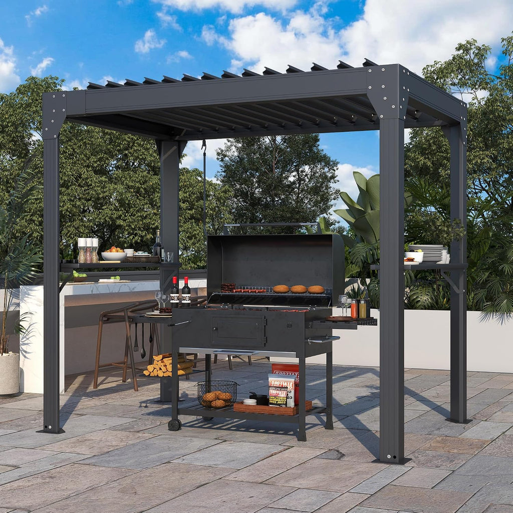 MELLCOM Grill Pergola 8x5.2ft with Adjustable Louvered Roof, Aluminum Gazebo with 2 Shelves & Rain Gutter, Weatherproof Outdoor Shelter for BBQ & Patio, Black