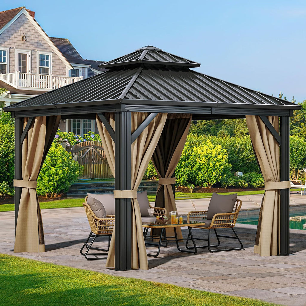 YITAHOME 10x10ft Hardtop Gazebo with Nettings and Curtains, Heavy Duty Double Roof Galvanized Steel Outdoor Combined of Horizontal Vertical Stripes Roof for Patio, Backyard, Deck, Lawn Brown