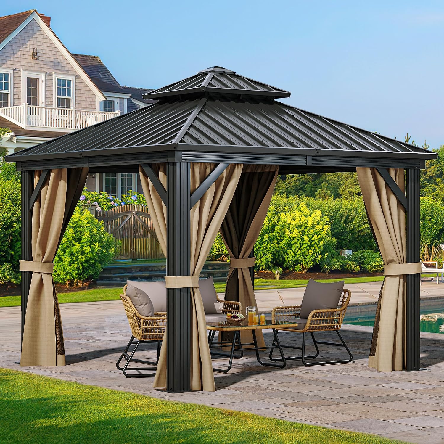 YITAHOME 10x10ft Hardtop Gazebo with Nettings and Curtains, Heavy Duty Double Roof Galvanized Steel Outdoor Combined of Horizontal Vertical Stripes Roof for Patio, Backyard, Deck, Lawn Brown