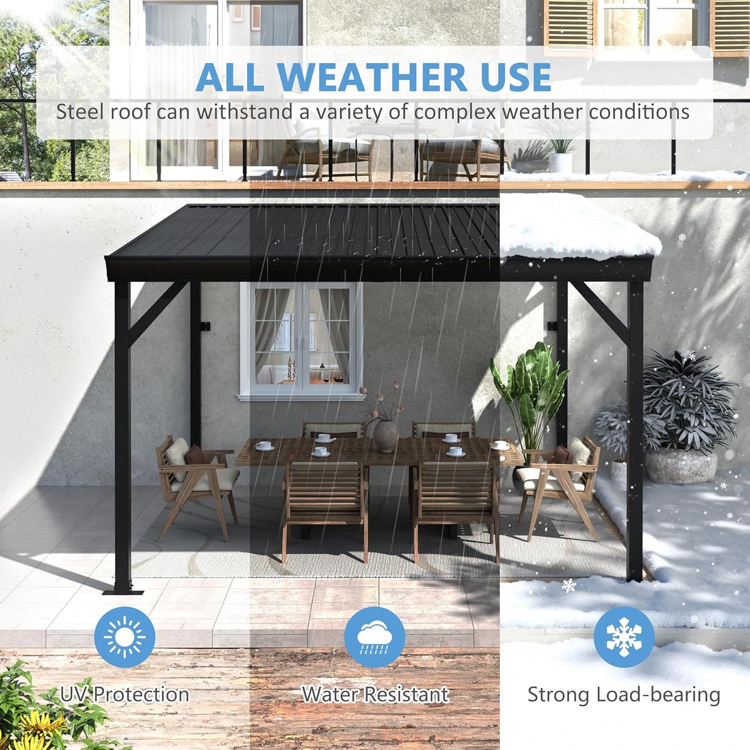 MUPATER 8x10 FT Wall-Mounted Lean-to Gazebo, Outdoor Pergola Gazebo with Drainage System & Triangle Structure, Outdoor Patio Lean-to Gazebo Awnings for Deck, Porch, Backyard and Patio, Black