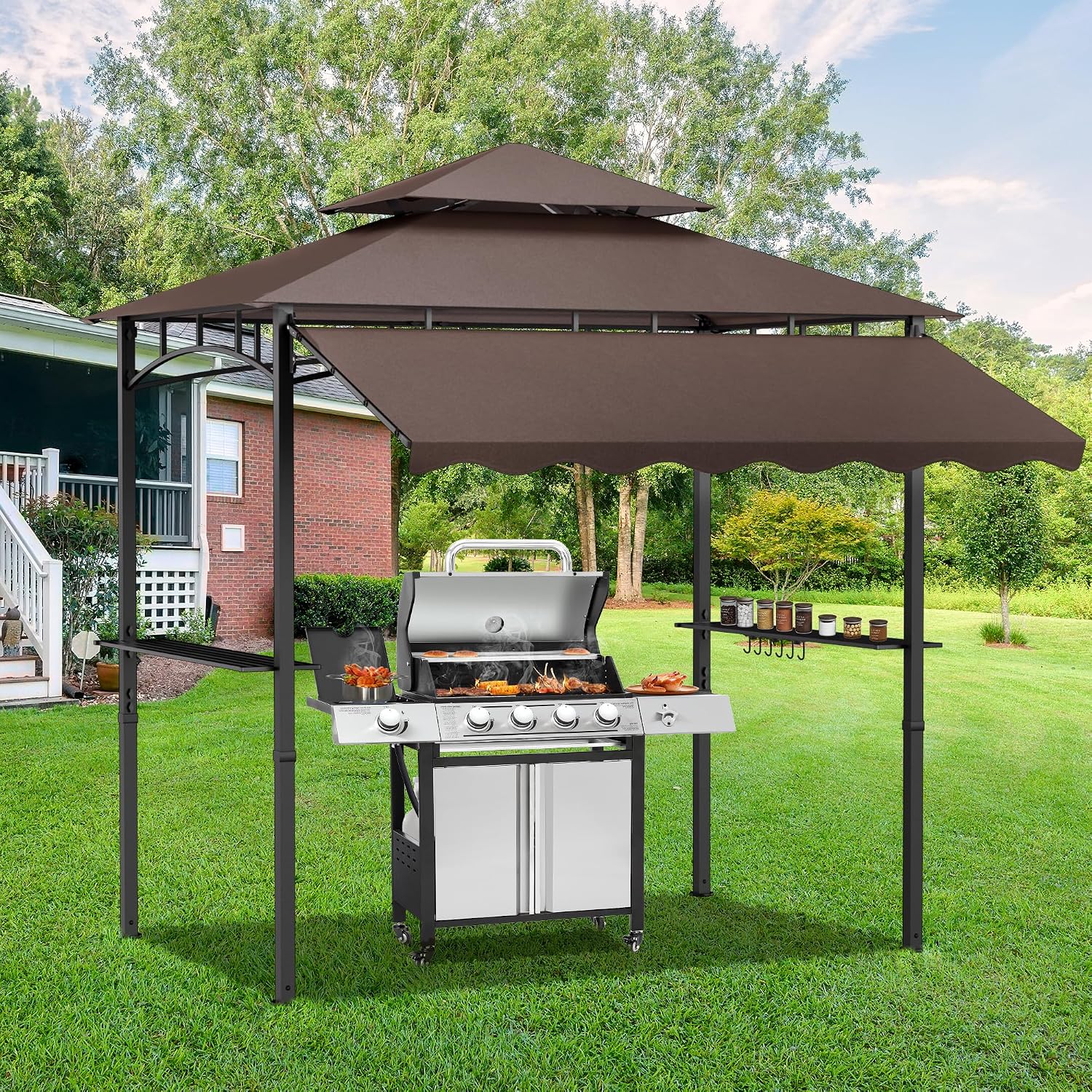 8'X 8' Grill Gazebo with Extra Side Awning, Double Tiered BBQ Gazebos Heavy-Duty Steel Frame Awning with 2 Side Shelves 6 Hooks, Outdoor Pergolas Awnings Tent for Patio Deck Backyard BBQ Party