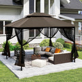 10' X 12' Patio Gazebo with Ventilation Double Roof, Outdoor Gazebo with Removable Mosquito Netting, Easy Up Metal Outdoor Canopy Shelter for Backyard, Garden, Lawn, Brown