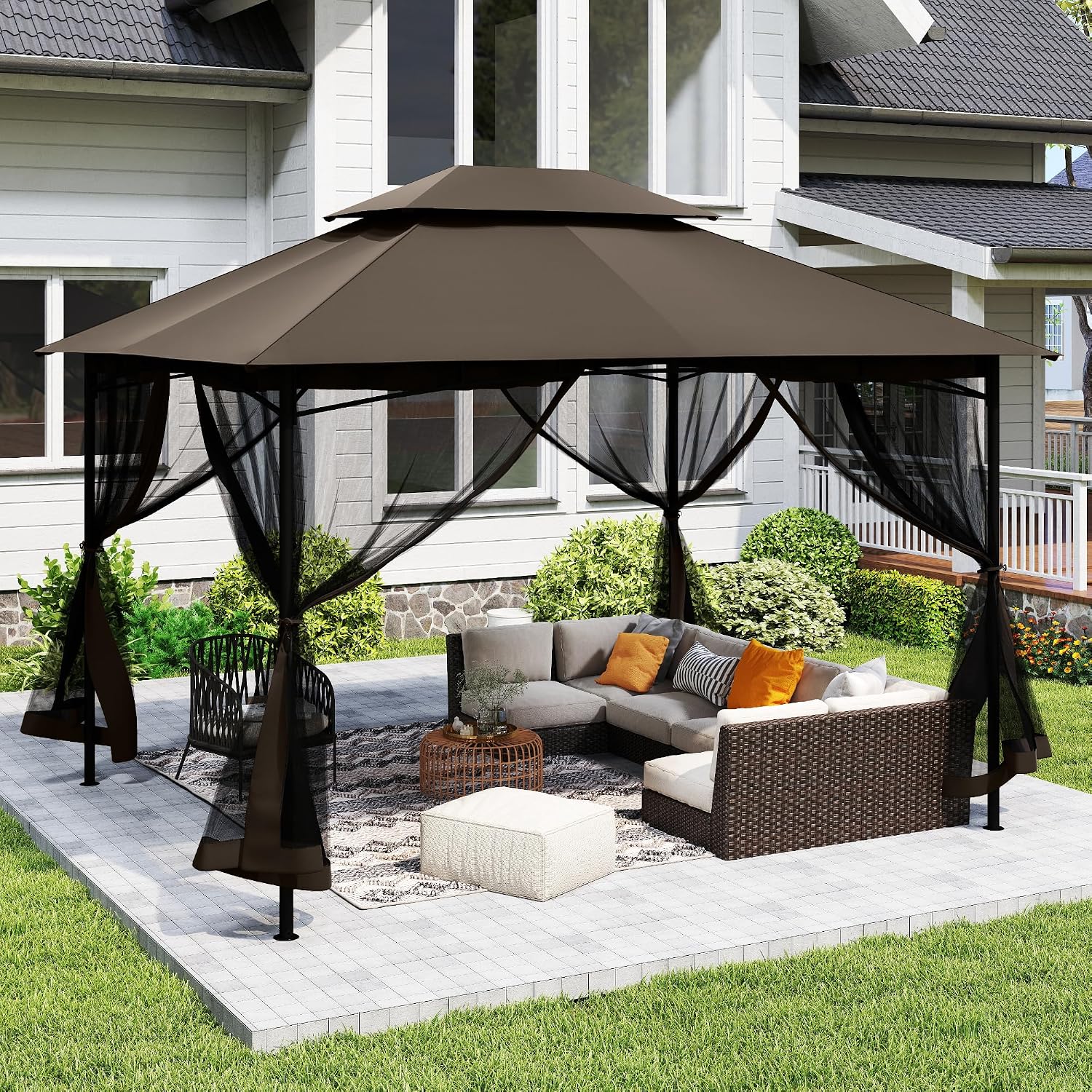10' X 12' Patio Gazebo with Ventilation Double Roof, Outdoor Gazebo with Removable Mosquito Netting, Easy Up Metal Outdoor Canopy Shelter for Backyard, Garden, Lawn, Brown