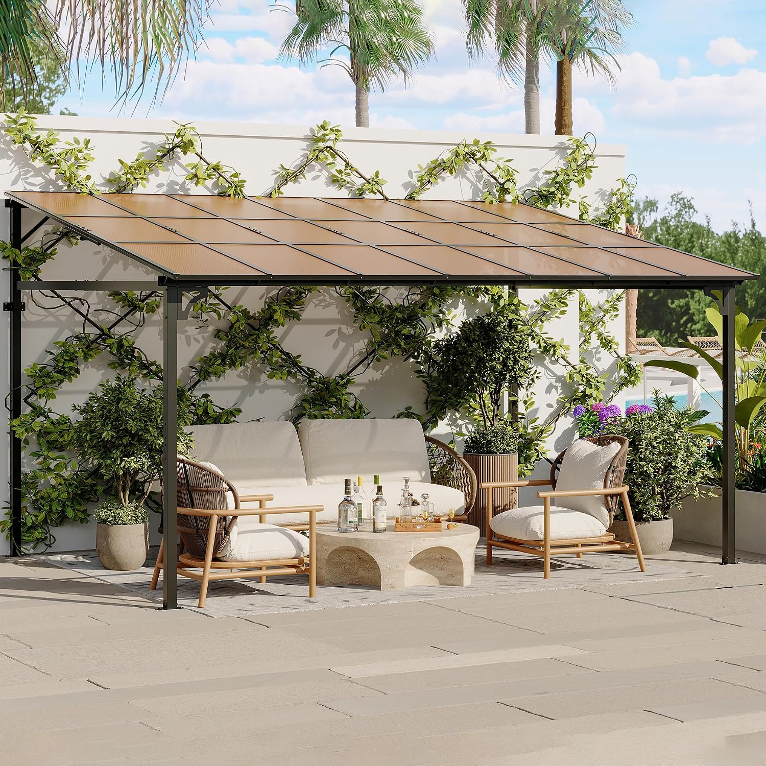 12' x 14' Gazebo for Patio, Large Wall Mounted Gazebos Pergola with Metal Frame, Hard Top Lean to Pergola, Outdoor Patio Lean to Metal Awnings Gazebos for Deck, Porch, Backyard