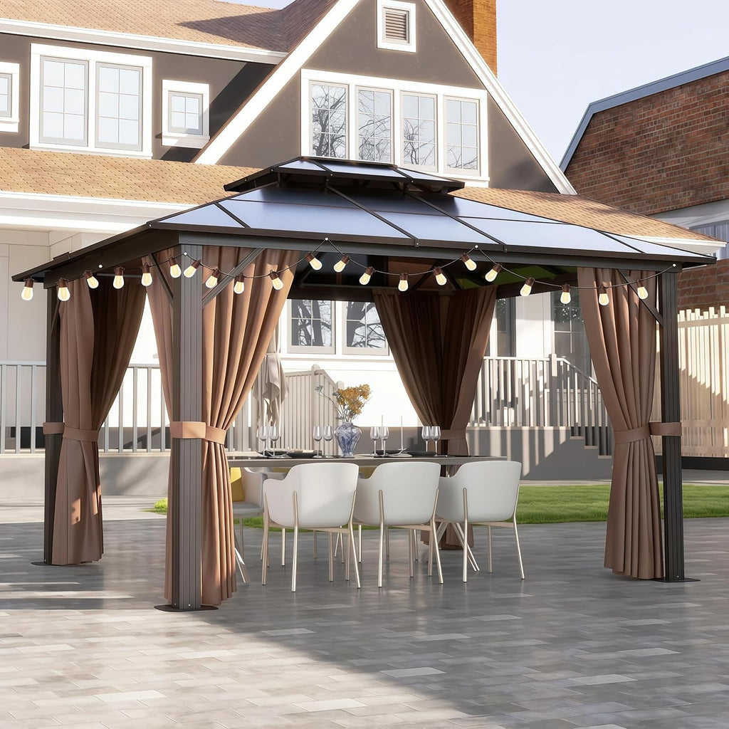 Aoxun 10'x12' Hardtop Gazebo, Aluminum Frame Permanent Pavilion with Curtains and Netting, Outdoor Polycarbonate Double Roof Canopy with String Lights, for Garden, Lawns, Patio, Brown