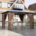 Aoxun 10'x12' Hardtop Gazebo, Aluminum Frame Permanent Pavilion with Curtains and Netting, Outdoor Polycarbonate Double Roof Canopy with String Lights, for Garden, Lawns, Patio, Brown