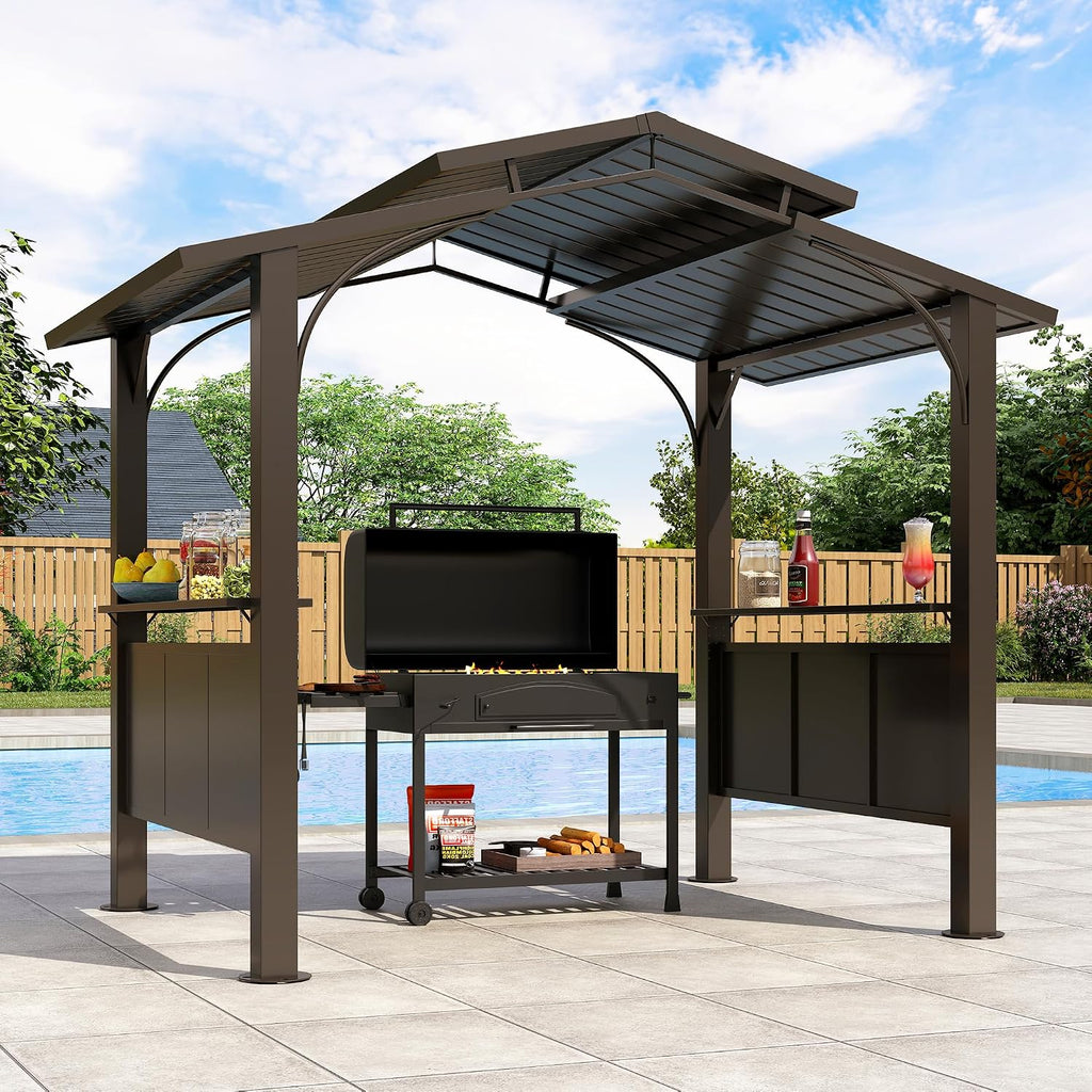 8x5Ft Hardtop Grill Gazebo,Double Tiered Roof BBQ Gazebo with 2 Side Shelves Metal Frame Grill Gazebos for Outdoor,Patio, Backyard, Garden