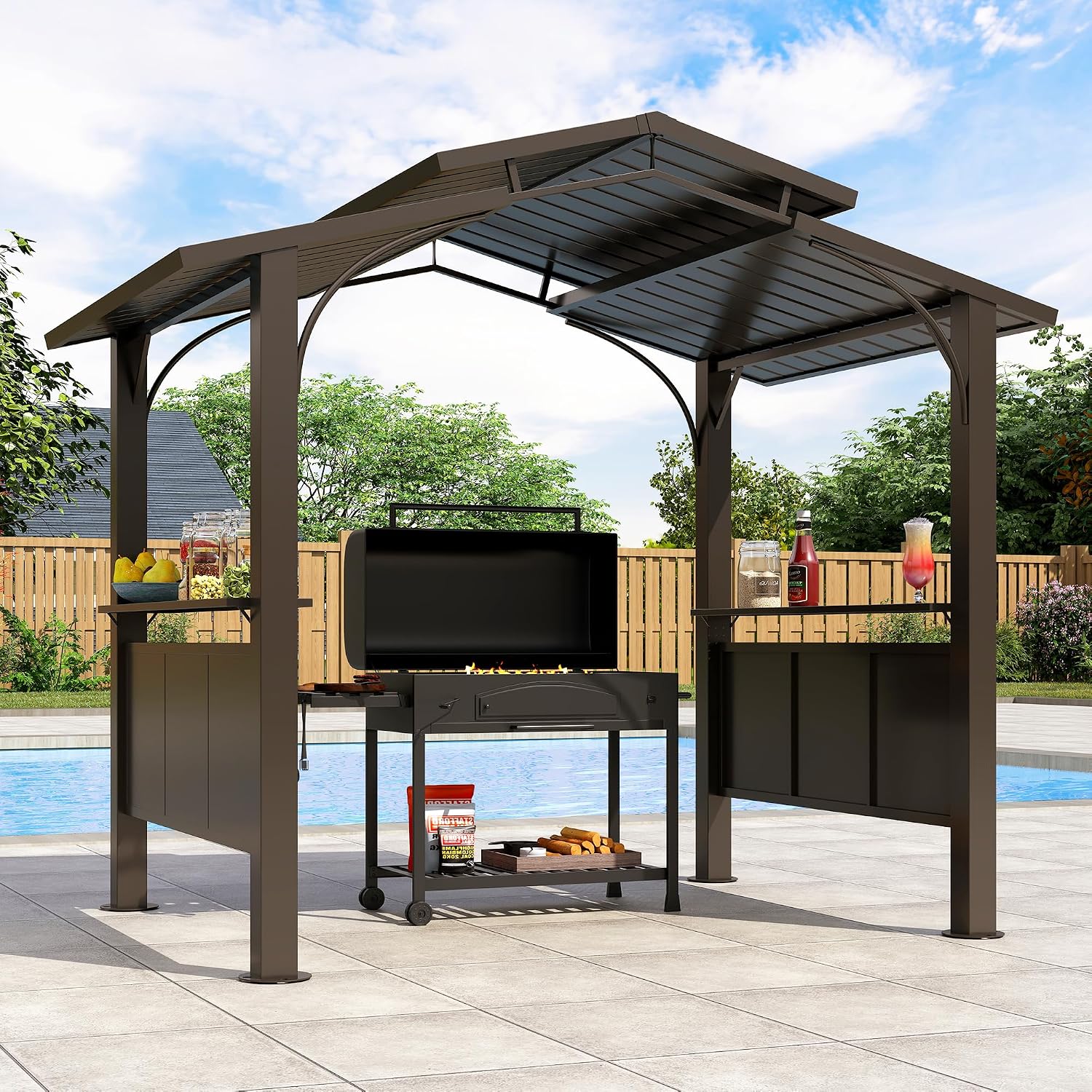 8x5Ft Hardtop Grill Gazebo,Double Tiered Roof BBQ Gazebo with 2 Side Shelves Metal Frame Grill Gazebos for Outdoor,Patio, Backyard, Garden