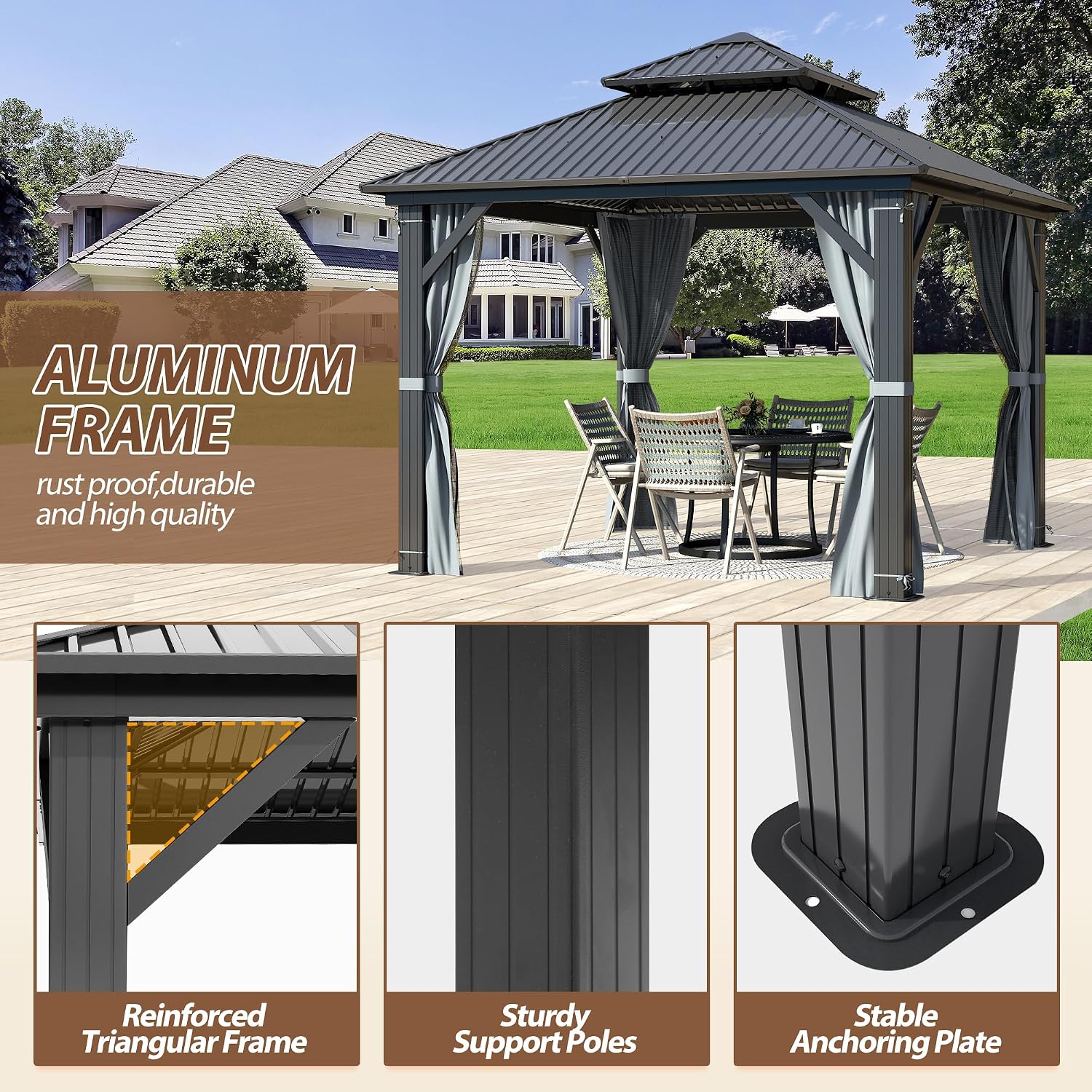9.5' x 9.5' Hardtop Gazebo, Galvanized Steel Double Roof Gazebo with Nettings and Curtain Outdoor Aluminum Frame Vertical Stripes Roof Gazebos for Patio, Deck,Backyard