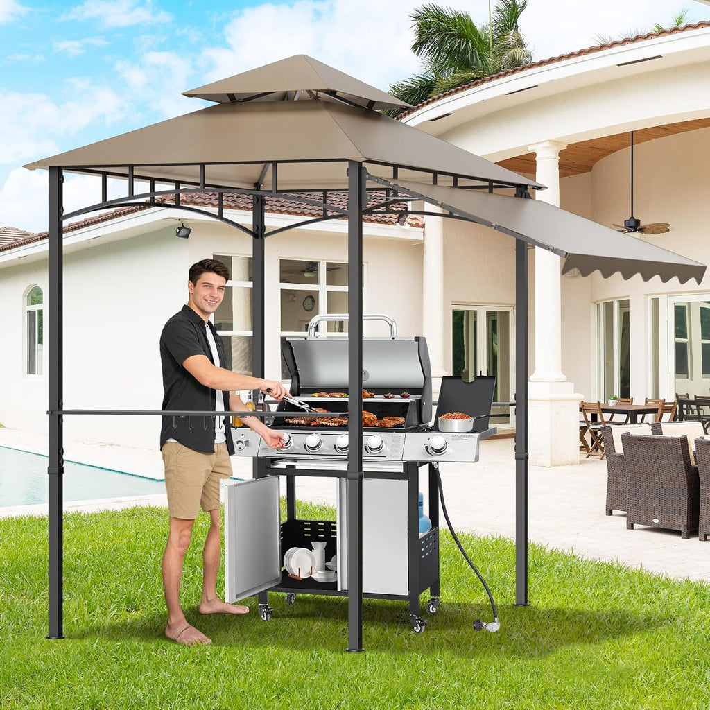 TITIMO 8'x 8' x 7.8' Double Tiered Grill Gazebo with Side Awning,Outdoor Patio BBQ Pergola, Heavy-Duty Metal Frame Canopy Tent with Side Shelves,Hooks,Bottle Opener for Lawn Deck and Garden (Khaki)