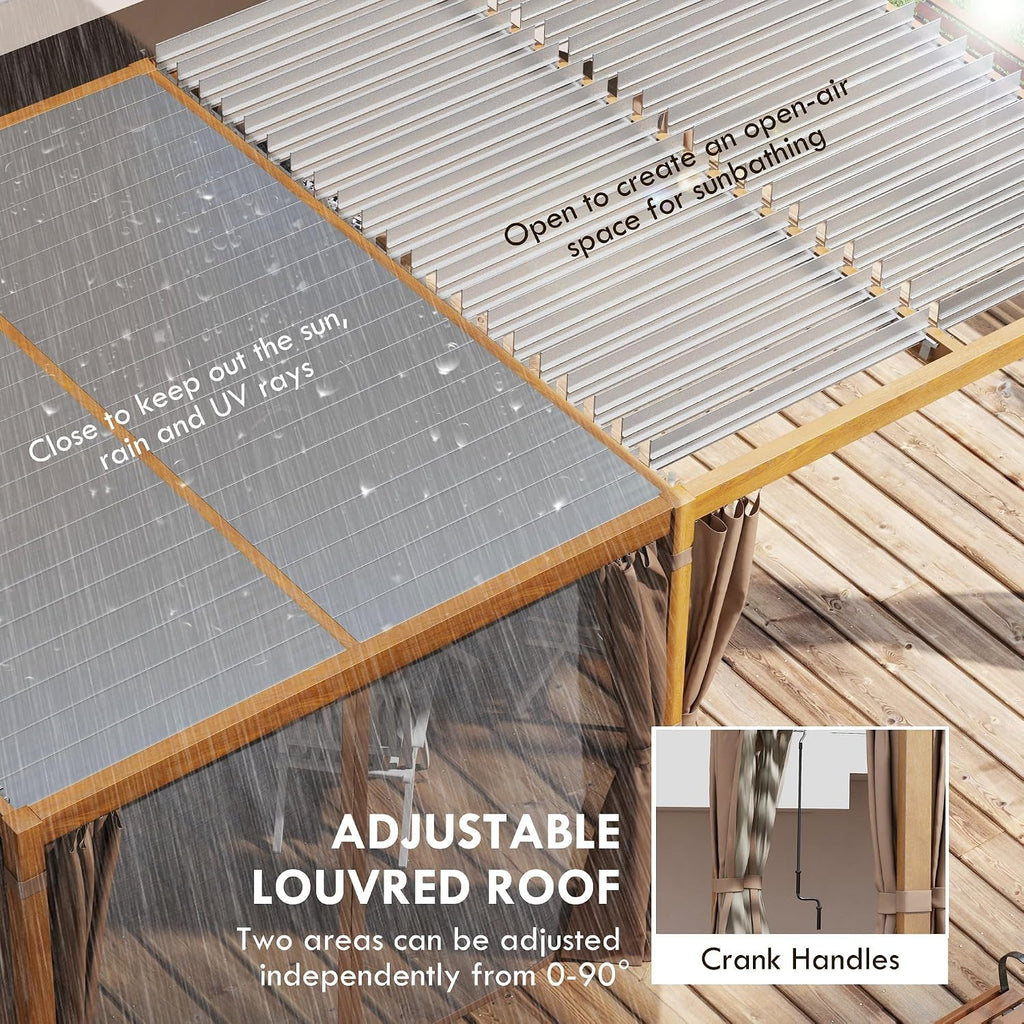 Outsunny 12' x 19' Louvered Pergola Hardtop Gazebo with Adjustable Aluminum Roof and Frame, Outdoor Pergola with Curtains and Netting, for Garden, Lawn, Backyard, and Deck, Wood-Like