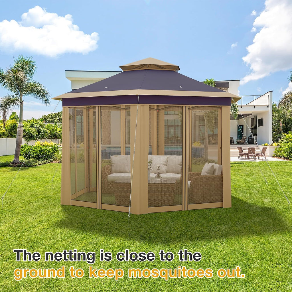 13 x 13FT Pop Up Gazebo, Instant Canopy Tent with Mosquito Net & Double Roof, Pop Up Canopy Tent Adjustable Height for Patio, Party, Gray&Khaki