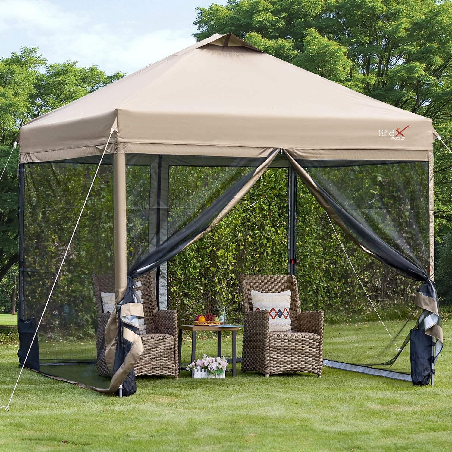 10x10 Pop Up Canopy Tent with Mosquito Netting, Outdoor Portable Screen Tent for Yard, Party, Camping and Picnic, 3 Height Positions, Patio Gazebo with Roller Bag and 4 Sandbags, Khaki