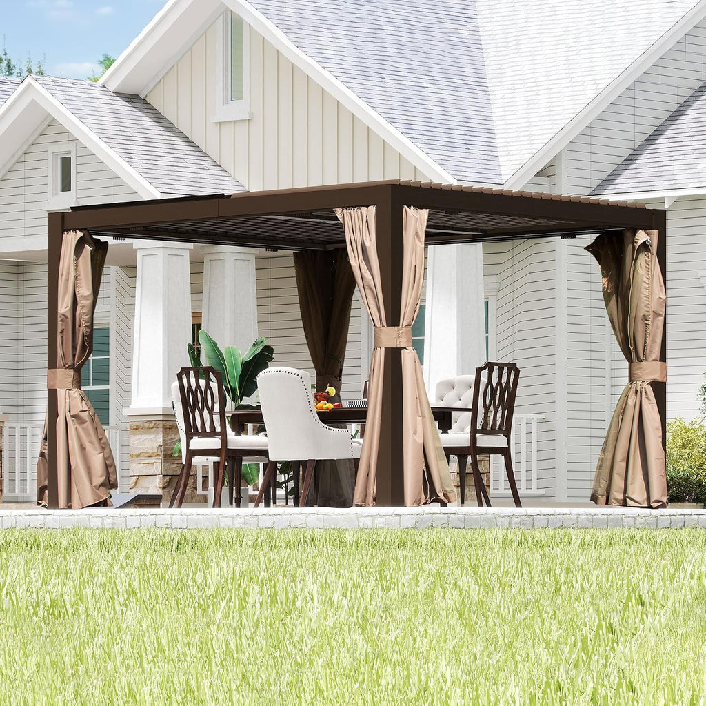 Domi Outdoor Pergola 10' x 12', Aluminum Louvered Pergola with Adjustable Louvers, Full Aluminum Frame, Built-in Gutter System, Modern Patio Gazebo for Deck Garden Patio, Brown