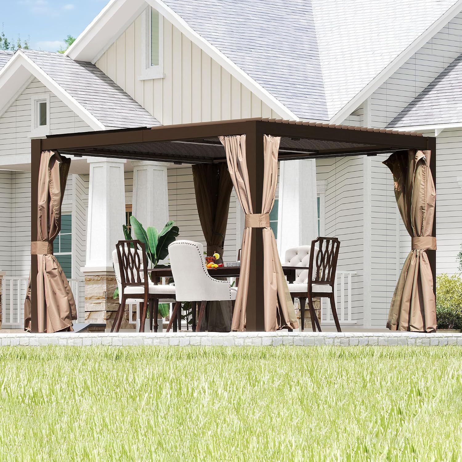 Domi Outdoor Pergola 10' x 12', Aluminum Louvered Pergola with Adjustable Louvers, Full Aluminum Frame, Built-in Gutter System, Modern Patio Gazebo for Deck Garden Patio, Brown