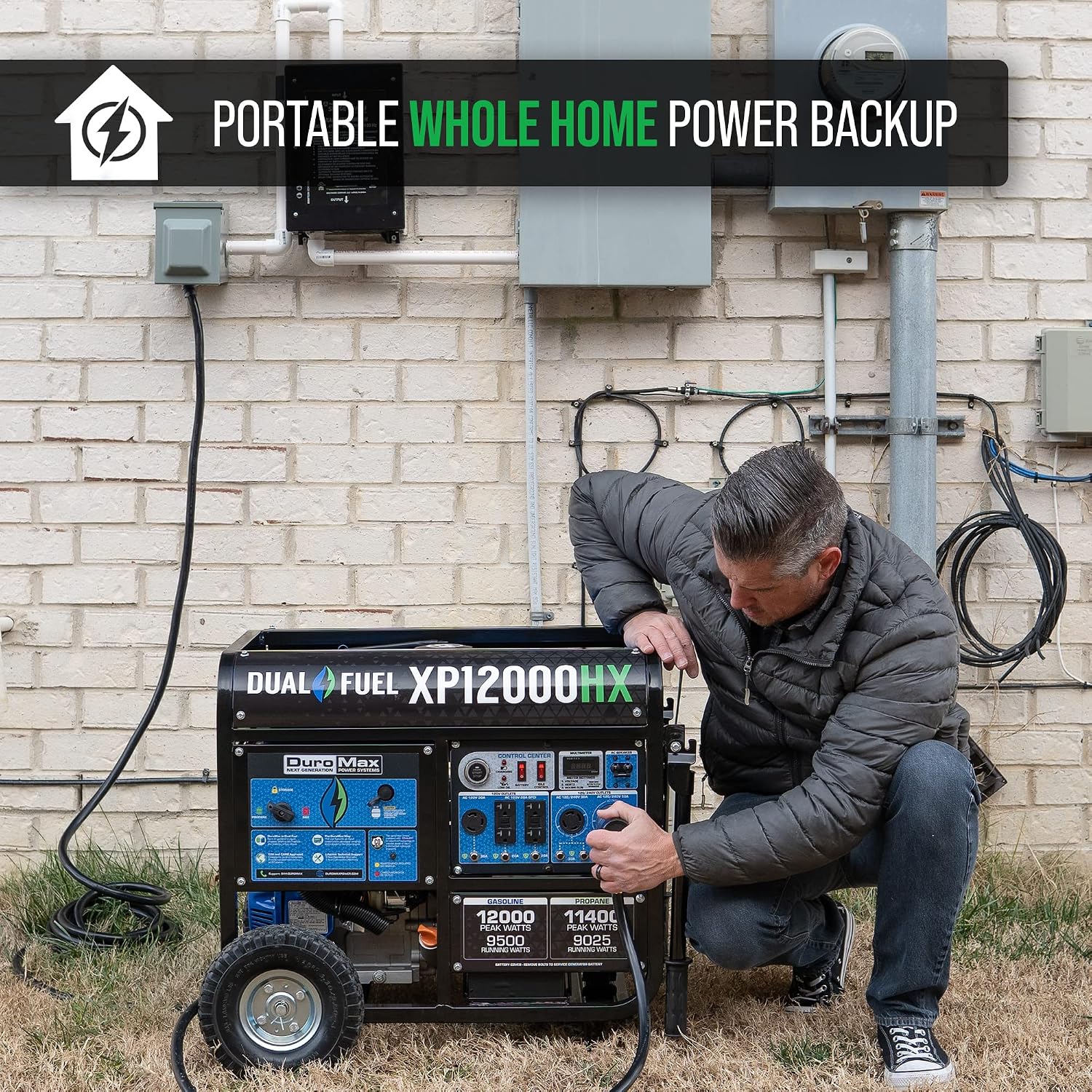 DuroMax XP12000HX 12,000-Watt Dual Fuel Portable Generator - Gas & Propane, Electric Start, Whole Home Power Backup, Transfer Switch Ready, RV & Emergency Ready
