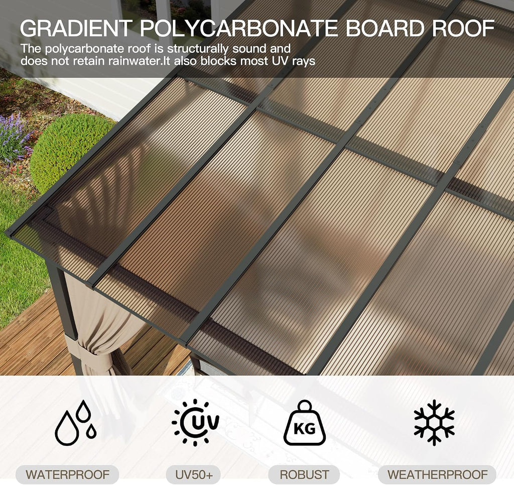 10' x 12' Gazebo for Patio,Wall Mounted Gazebo with Sloping Polycarbonate Roof,Aluminum Frame Outdoor pelgole w/Netting & Curtain for Garden,Deck,Backyard,Khaki