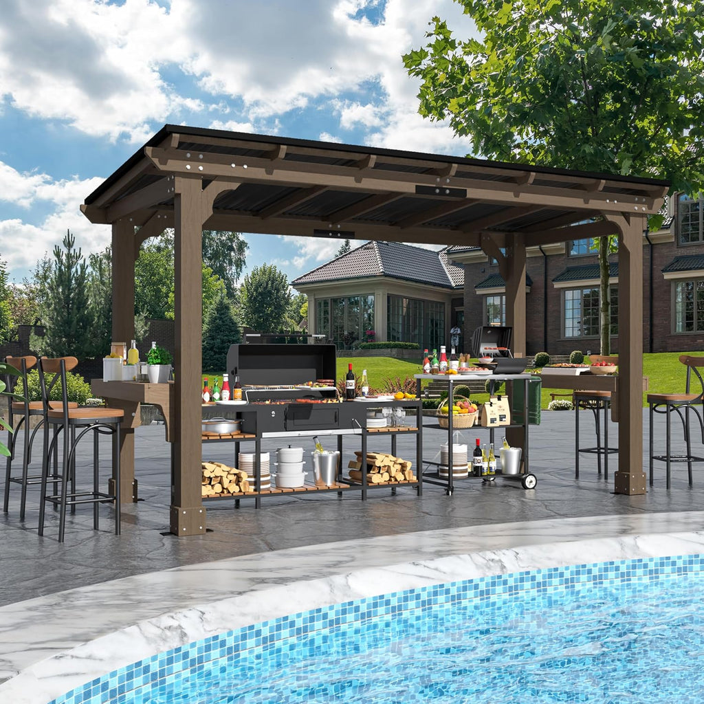 MUPATER 6 x 13 FT Solid Wood Grill Gazebo with Sloping Metal Roof, Hardtop Grill Gazebo Heavy Duty, Suitable for 2 Full-Size Grills, Permanent BBQ Canopy for Outdoor Patio, Lawn, Garden