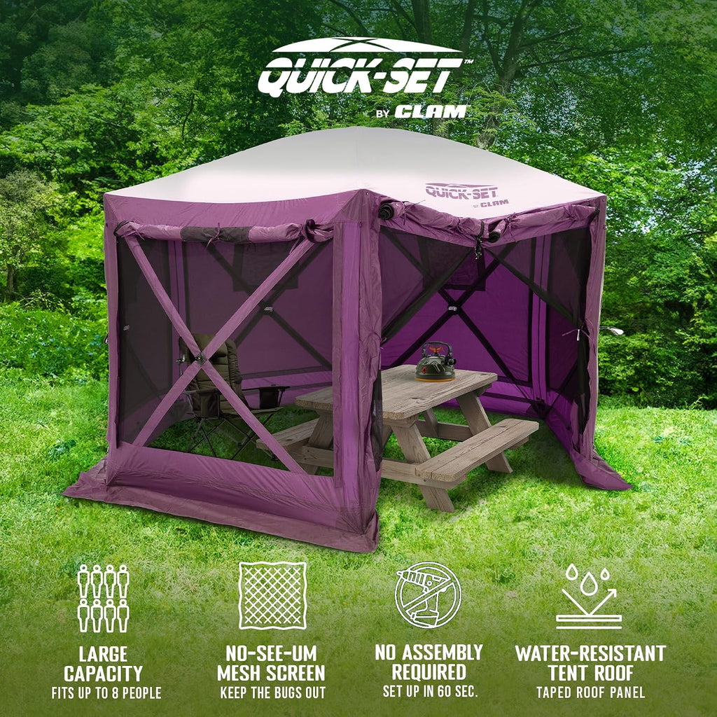 Clam Pavilion 12.5' Pop-Up Screen Tent – Plum Outdoor Camping Gazebo Canopy with Wind Panels, Mesh Netting & Carry Bag – 6-Sided Portable Shelter for 8 People – Fast Setup Patio or Event Tent