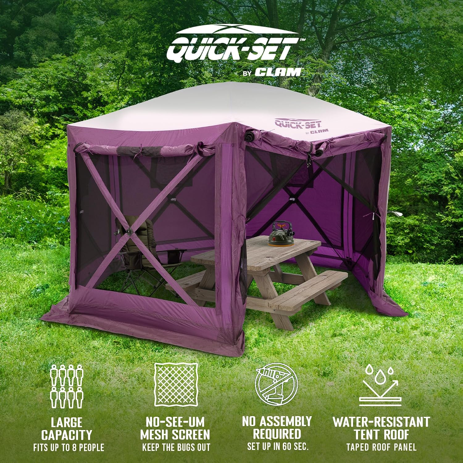 Clam Pavilion 12.5' Pop-Up Screen Tent – Plum Outdoor Camping Gazebo Canopy with Wind Panels, Mesh Netting & Carry Bag – 6-Sided Portable Shelter for 8 People – Fast Setup Patio or Event Tent