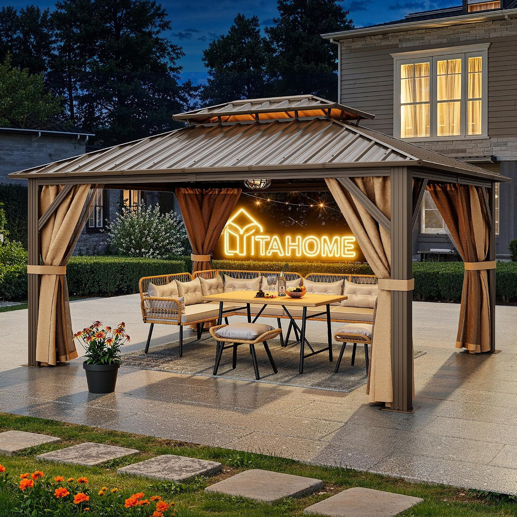 YITAHOME 10x12ft Hardtop Gazebo with Nettings and Curtains, Heavy Duty Double Roof Galvanized Steel Outdoor Combined of Horizontal Vertical Stripes Roof for Patio, Backyard, Deck, Lawn (Bronze)