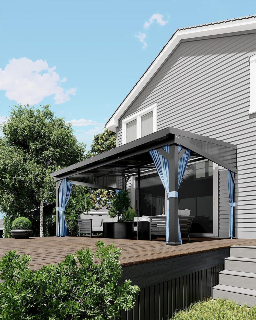 10'x14' Wall-Mounted Lean-to Gazebo with Galvanized Steel Roof, Gutters & Sliding Netting/Curtains – Hardtop Metal Pergola Canopy for Patio, Backyard, Garden, or Carport – Weather-Resistant & Durable