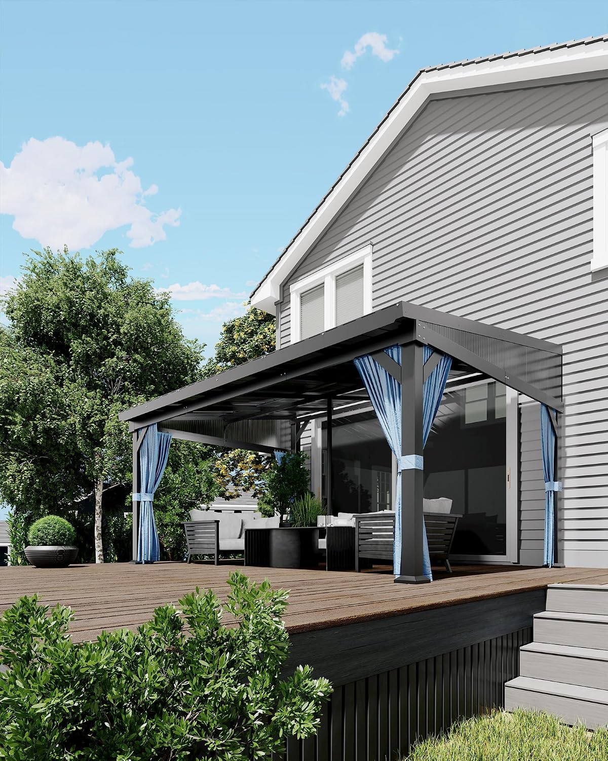 10'x14' Wall-Mounted Lean-to Gazebo with Galvanized Steel Roof, Gutters & Sliding Netting/Curtains – Hardtop Metal Pergola Canopy for Patio, Backyard, Garden, or Carport – Weather-Resistant & Durable