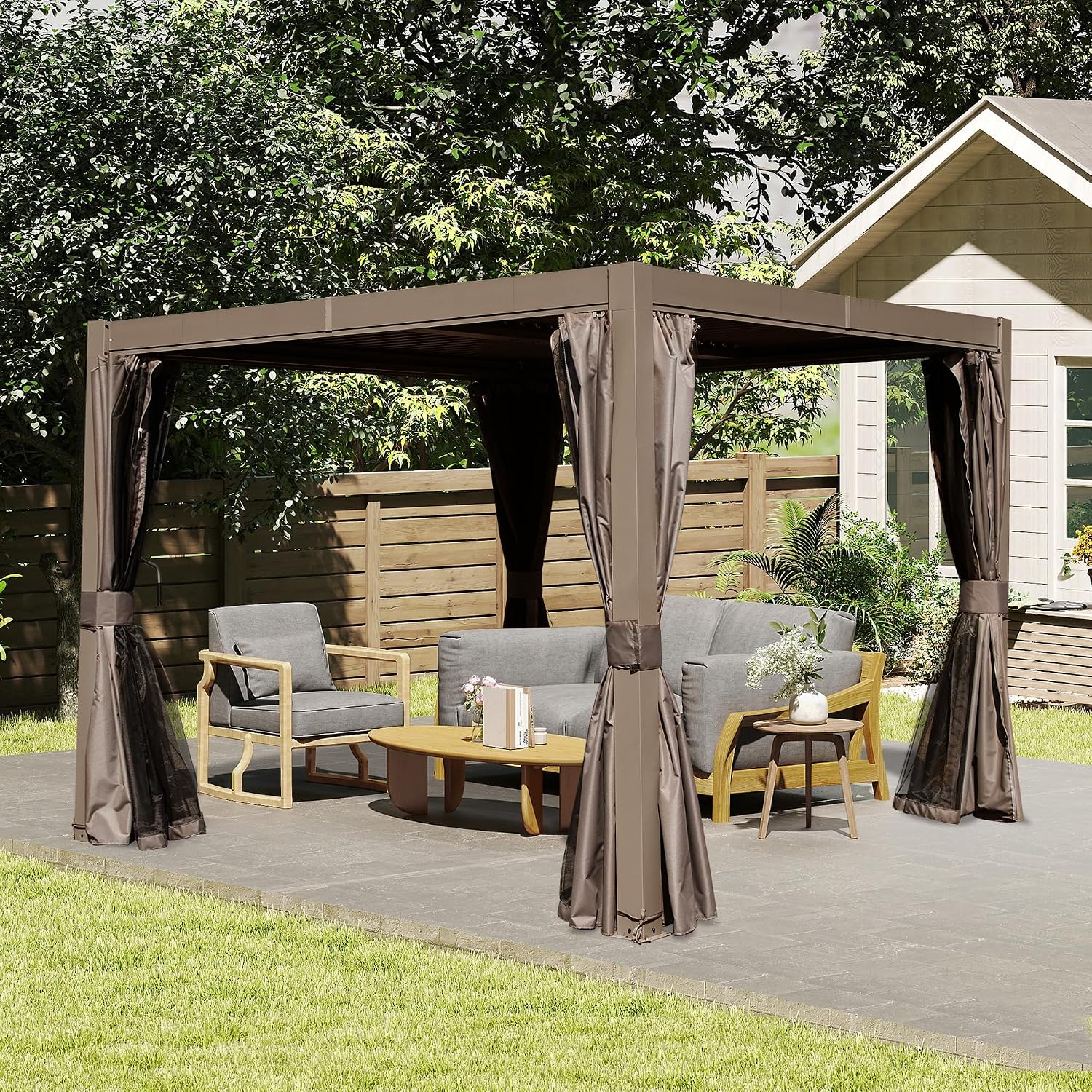 Domi Outdoor Pergola 10' x 10', Aluminum Louvered Pergola with Adjustable Louvers, Full Aluminum Frame, Built-in Gutter System, Modern Patio Gazebo for Deck Garden Patio, Brown